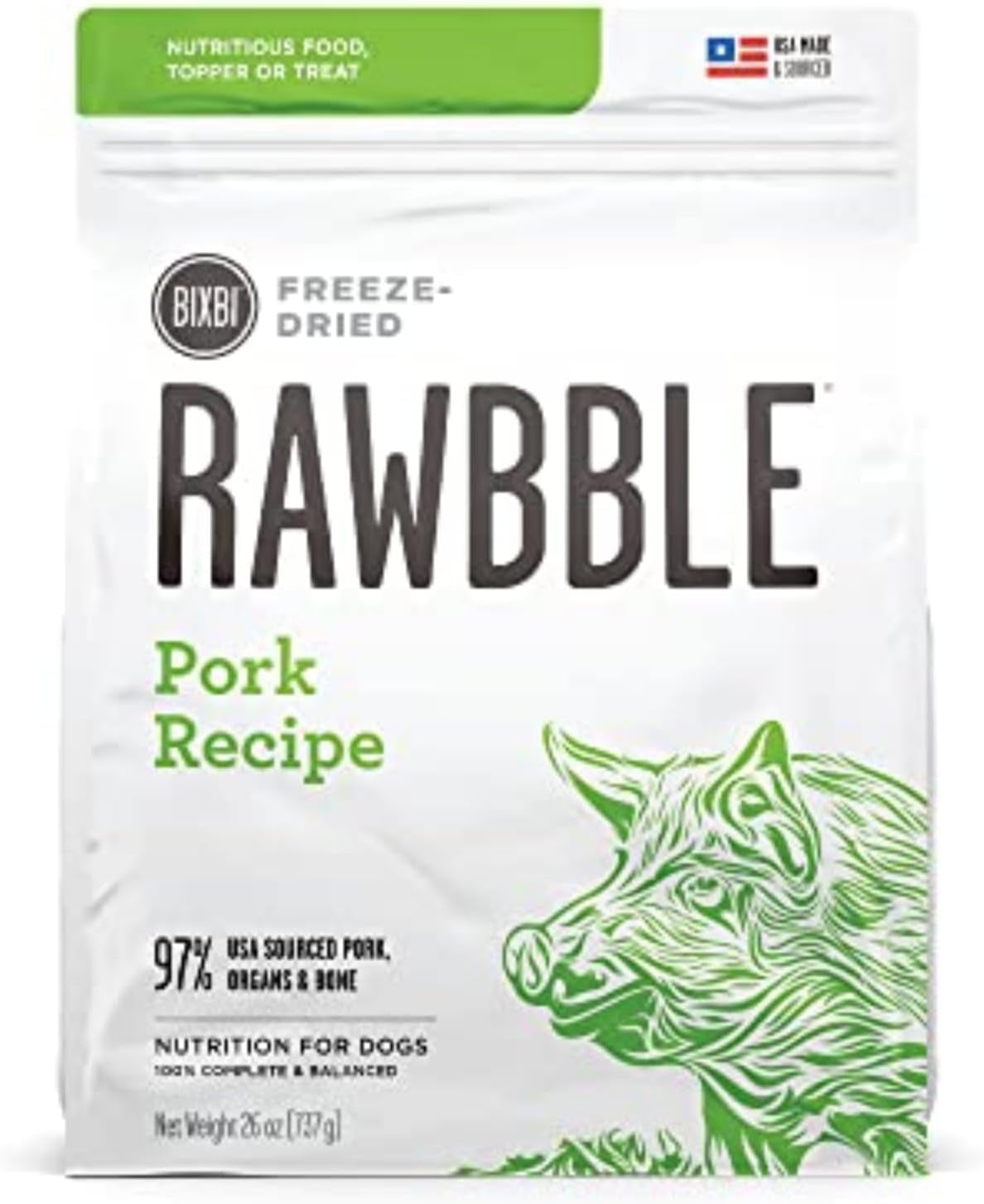 Rawbble Freeze Dried Dog Food, Pork Recipe, 26 Oz - 97% Meat and Organs, No Fillers - Pantry-Friendly Raw Dog Food for Meal, Treat or Food Topper - USA Made in Small Batches